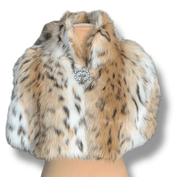 Express Faux Fur Leopard Print Capelet Burgundy Satin Lining Brooch Enclosure - Picture 4 of 13